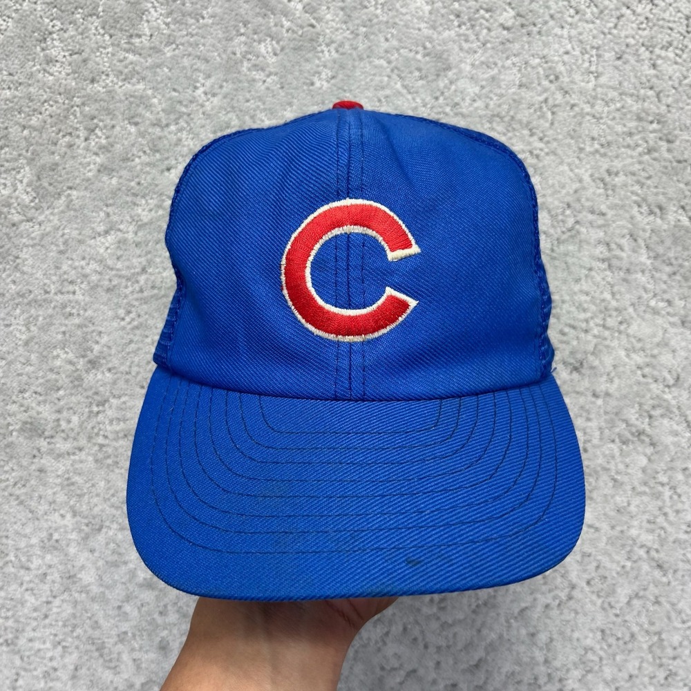 VINTAGE Annco Trucker Hat Men Blue Chicago Cubs MLB Snapback Mesh Cap Sportswear